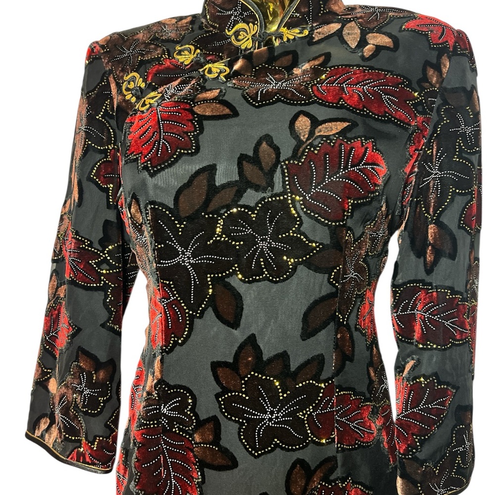 Elegant Floral Black  burnout velvet vintage Asian Dress M